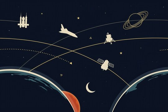 A dark space scene with silhouettes of space shuttles, satellites, and a lunar lander orbiting planets and a crescent moon against a starry sky