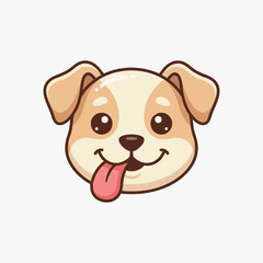 Cute cartoon puppy face illustration with tan spots and floppy ears. Happy dog head vector graphic with tongue sticking out, isolated on white background for pet branding design.