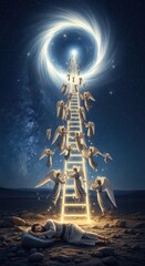 Naklejka premium A spiritual depiction of Jacob's dream, with angels ascending a luminous ladder to a celestial vortex in the night sky.