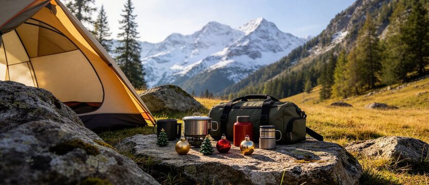 Camping gear and Christmas ornaments on rock with alpine mountain view ideal for winter adventure holiday campaign