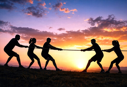 Silhouette of a team pulling a rope together at sunset showing unity and teamwork in action