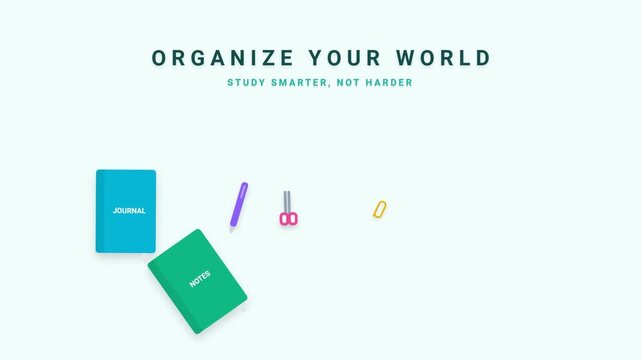 Stationery and school supplies flat lay animation for study organization