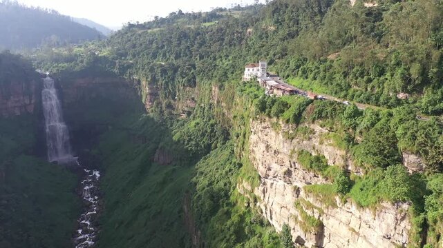Aerial view of Tequendama Falls and cliffside building