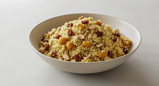 Fluffy Couscous Delight: A close-up of a white bowl filled with fluffy couscous, generously studded with dried apricots, plump raisins, and slivered almonds, offering a taste of exotic flavor.