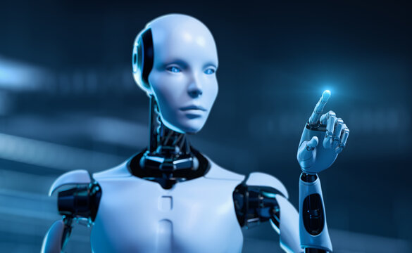 Robot Touching Virtual Screen. Futuristic Technology and Artificial Intelligence Concept