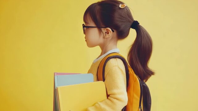 Young girl wearing glasses with books and backpack, looking away from camera.