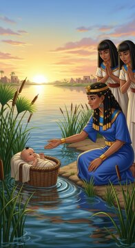 Pharaoh's daughter discovers the baby Moses in a basket floating among the reeds of the Nile River at sunrise.