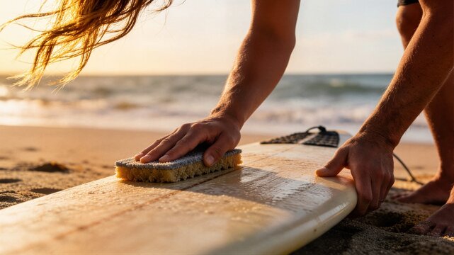 Surfer waxing surfboard on sandy beach at sunset ideal for watersports equipment marketing surfing lifestyle and summer vacation banner