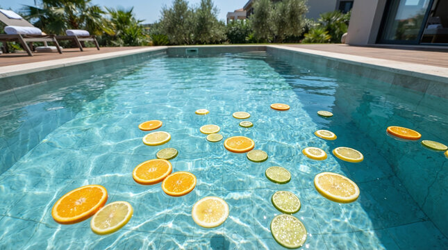 Citrus Slices Floating in Swimming Pool Water Luxury Resort Villa Background Summer Refreshment Concept