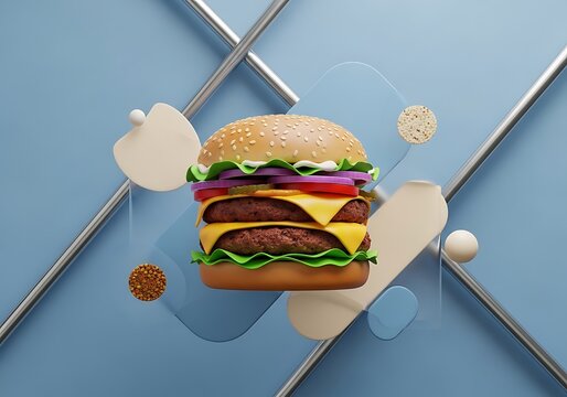 Giant cheeseburger floating in pixel art sky with ladder