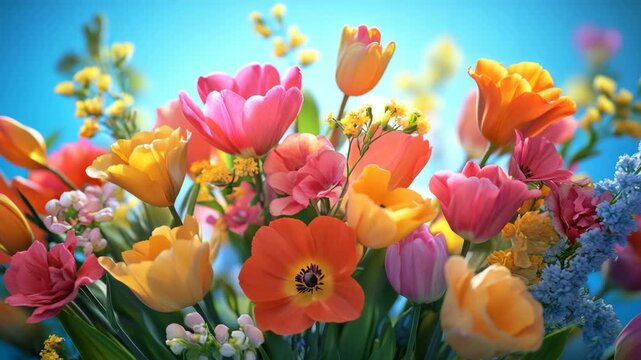 A close-up view of a beautiful bouquet with a variety of colorful tulips against a bright blue background.