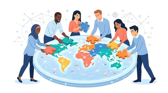 Diverse team collaborating around a colorful world map illustration.