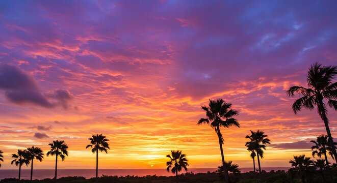 Tropical Sunset Serenity: A breathtaking sunset paints the sky with vibrant hues of purple, orange, and pink, silhouetting a line of palm trees against the horizon over a tranquil ocean.