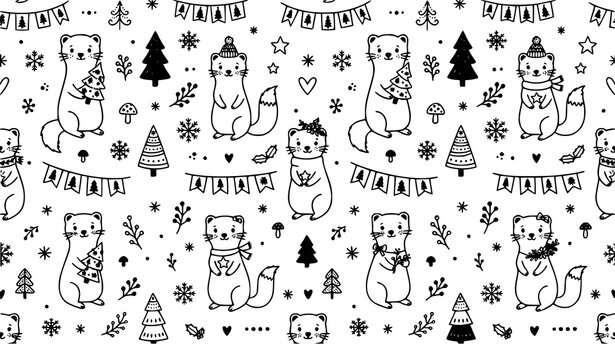 Minimal Nordic ermine Christmas seamless pattern with winter elements hand drawn vector