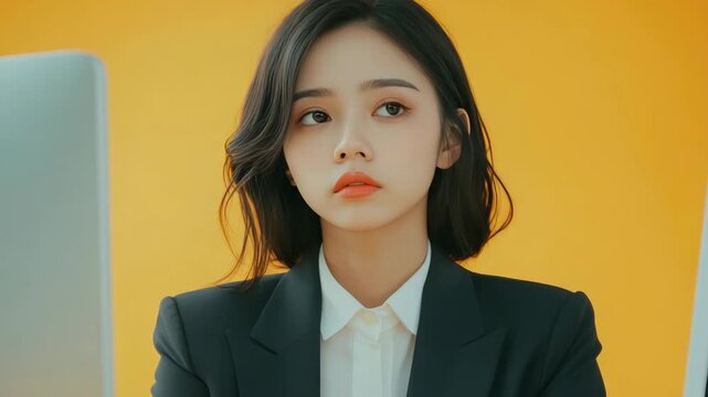 Woman gazing off with focused expression, dressed in a business suit and shirt, sitting at a desk against an orange background.