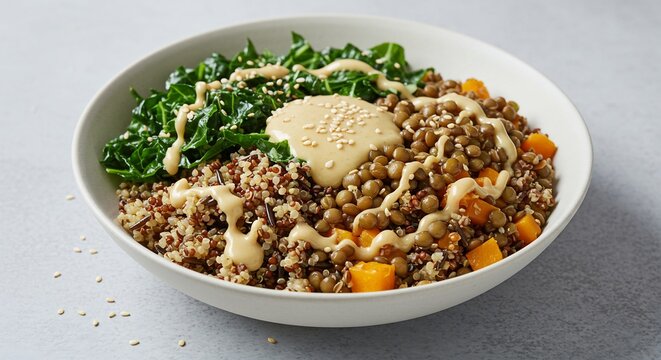 Quinoa Lentil Bowl: A vibrant and wholesome quinoa and lentil bowl topped with kale, roasted butternut squash, and a creamy tahini dressing, offering a nutritious and flavorful meal.