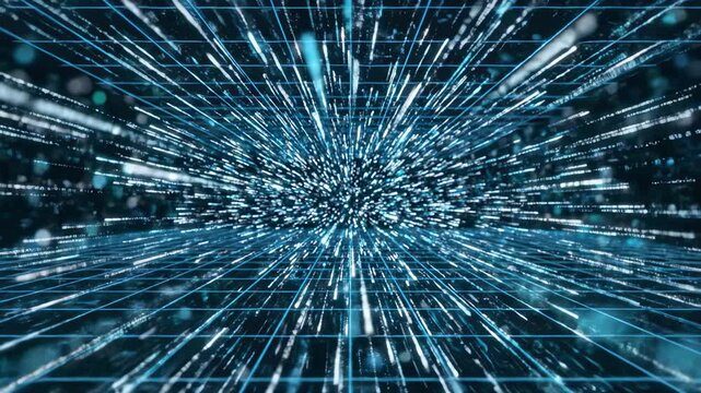 Abstract digital stream of glowing blue particles exploding outwards from a central point in a grid pattern, representing data transfer and network connections