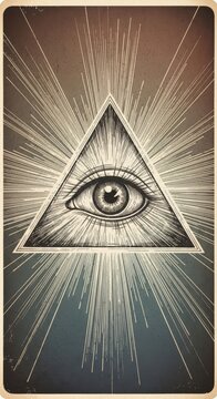 A vintage illustration of the Eye of Providence within a radiant triangle, symbolizing divine watchfulness and enlightenment, with a grunge texture.