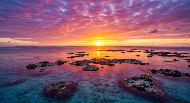 Ocean Sunset Serenity: A breathtaking sunset paints the sky in vibrant hues of orange, pink, and purple, reflecting on the tranquil ocean surface dotted with coral formations.