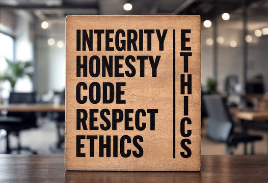 Wooden block with integrity honesty code respect and ethics printed on it in office setting
