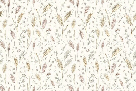 A delicate seamless pattern of hand-drawn wheat ears, small wildflowers, and scattered grain seeds on a soft cream background, for textile use