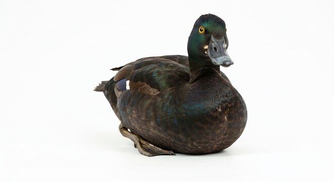 Domestic Duck Poses: A domestic duck, with its dark iridescent plumage and bright yellow eye, sits peacefully, showcasing its unique features and tranquil demeanor.