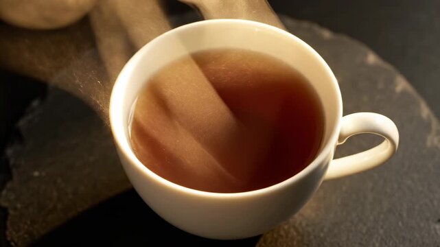 Steaming cup of amber liquid, possibly tea or coffee, with swirling patterns on the surface, evoking warmth and relaxation