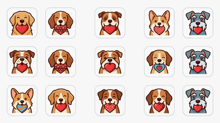 Set of 15 cute dog head vector icons holding red heart shapes in their mouths, featuring Golden Retriever, Beagle, Corgi, Schnauzer, and Bulldog breeds on white rounded squares.