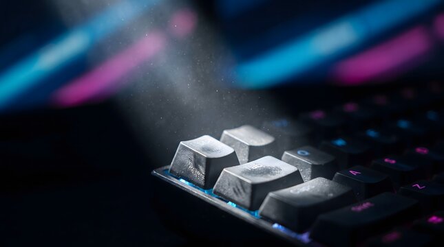 Dusty computer keyboard keys illuminated by a beam of light