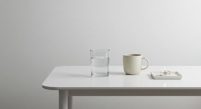 Minimalist Morning: A clear glass of water and a mug of coffee sit on a clean, minimalist table, offering a serene start to the day.