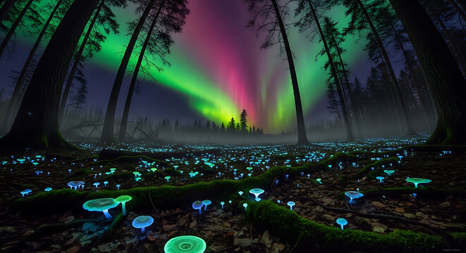 Enchanting Forest Aurora over Bioluminescent Mushrooms