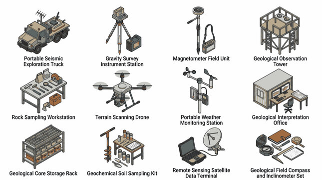 Collection of geological survey and exploration equipment, including portable seismic exploration truck, gravity survey instrument station, magnetometer field unit, and geological observation tower.