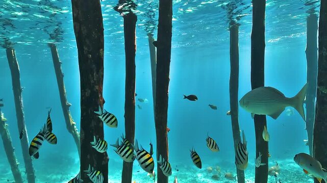 First-person lateral movement beneath a village jetty in Raja Ampat, with tropical fish swimming through clear blue water.