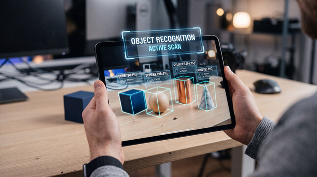 Person holding a tablet with a futuristic holographic object recognition and active scan interface analyzing 3D geometric shapes including cube, sphere, cylinder, and cone on a desk