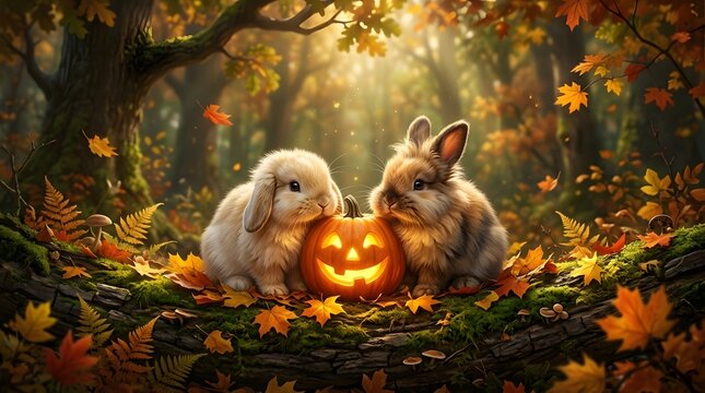 Two cute fluffy bunnies sitting next to a glowing jack o lantern in a magical autumn halloween forest