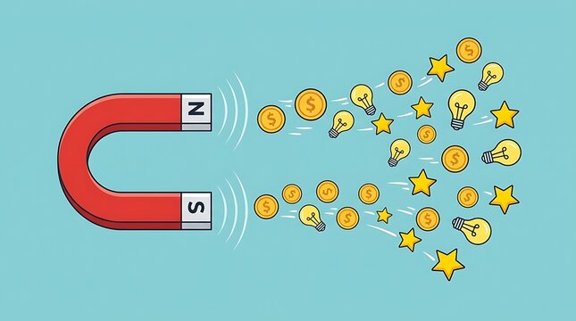 Red magnet attracting money coins and gold stars on light blue background.