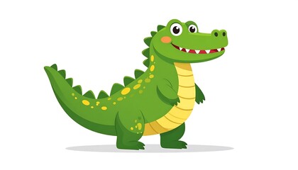 Fototapeta premium Cute green dinosaur character standing on grass.