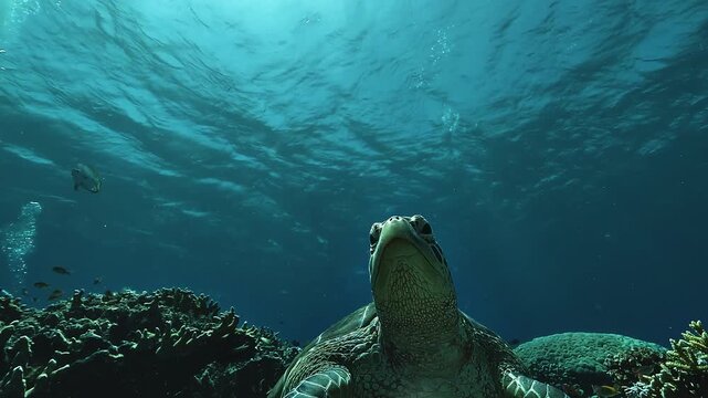 Green sea turtle seen from below in close-up, its head emerging into the lower frame with clear blue tropical water filling the background.