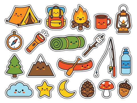 Colorful cute cartoon camping outdoor adventure stickers with transparent background