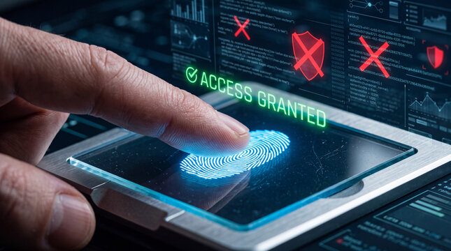 Fingerprint biometric scanner on a device with a futuristic holographic access granted message and security verification interface