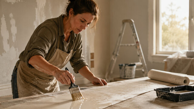 Woman in gray shirt and apron applying adhesive with a brush on a wooden surface in a well-lit room, with a ladder and painting supplies visible in the background