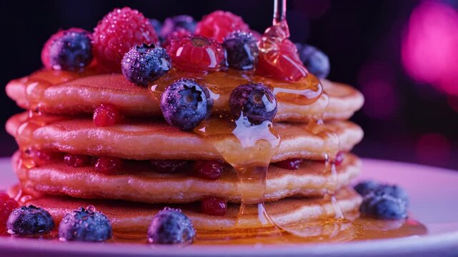 Pouring golden syrup over stacked pancakes topped with fresh raspberries and blueberries, decadent breakfast food, vibrant bokeh background