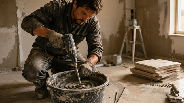 Male construction worker in gray shirt and gloves mixes cement with a power drill in a bucket on a construction site, with wooden boards and tools visible in the background
