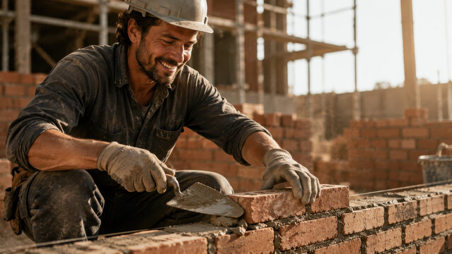 Construction worker in hard hat lays bricks with trowel on building site, surrounded by scaffolding and partially constructed walls, showcasing craftsmanship and attention to detail in masonry work