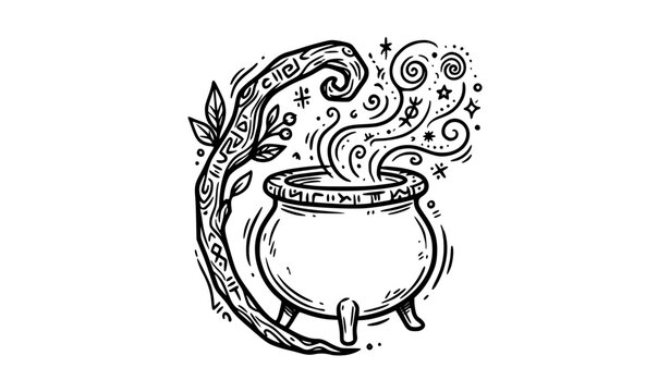 Ancient Shaman Cauldron Ceremonial Staff Mystical Doodle Vector Symbol
