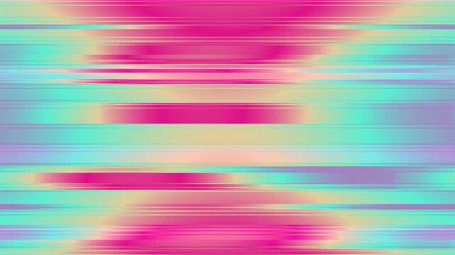 Abstract horizontal stripes of pastel pink, turquoise, and magenta create a glitchy, distorted visual texture across the frame.