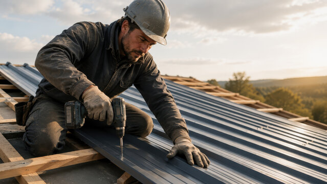 Construction worker in gray jacket and helmet using a power drill to install metal roofing sheets on a wooden frame, with a scenic landscape and sunset visible in the background