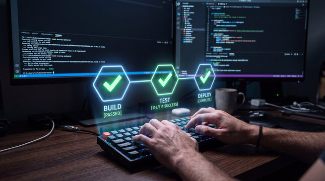 Professional typing on a keyboard with a futuristic holographic CI/CD pipeline interface showing build passed, test success, and deploy complete in a development environment