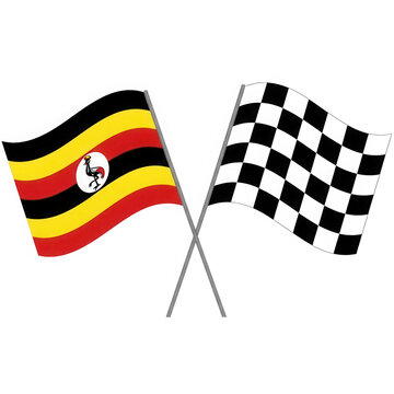 Crossed uganda national flag and checkered racing flag isolated on transparent background