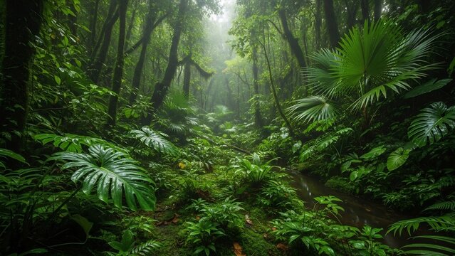 Misty Rainforest Path: A verdant, overgrown jungle path winds through a dense, humid rainforest, shrouded in mist and bathed in emerald light. Tall trees and lush foliage create an ethereal.